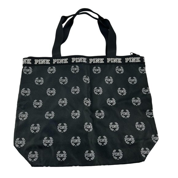 Victorias Secret Pink Spell Out Black Tote Zip Close Polyester Double Handles - Picture 9 of 9